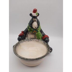 Vintage WCL Porcelain Black Bear Candy Dish/Bowl Pottery Santa hat Red Bird